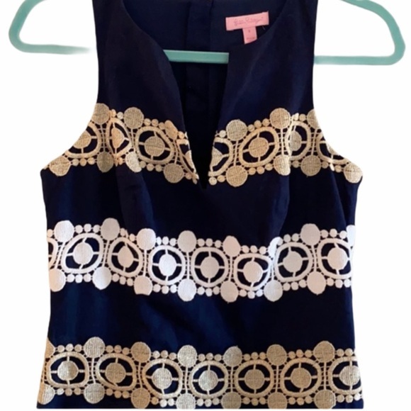 Lilly Pulitzer Navy & Gold Embroidered Lace Shift Dress Size 0 Excellent Cond. - Picture 7 of 16